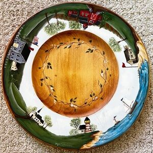Hand Painted Wooden Plate Folk Art Coastal Village Nautical Americana Harbor